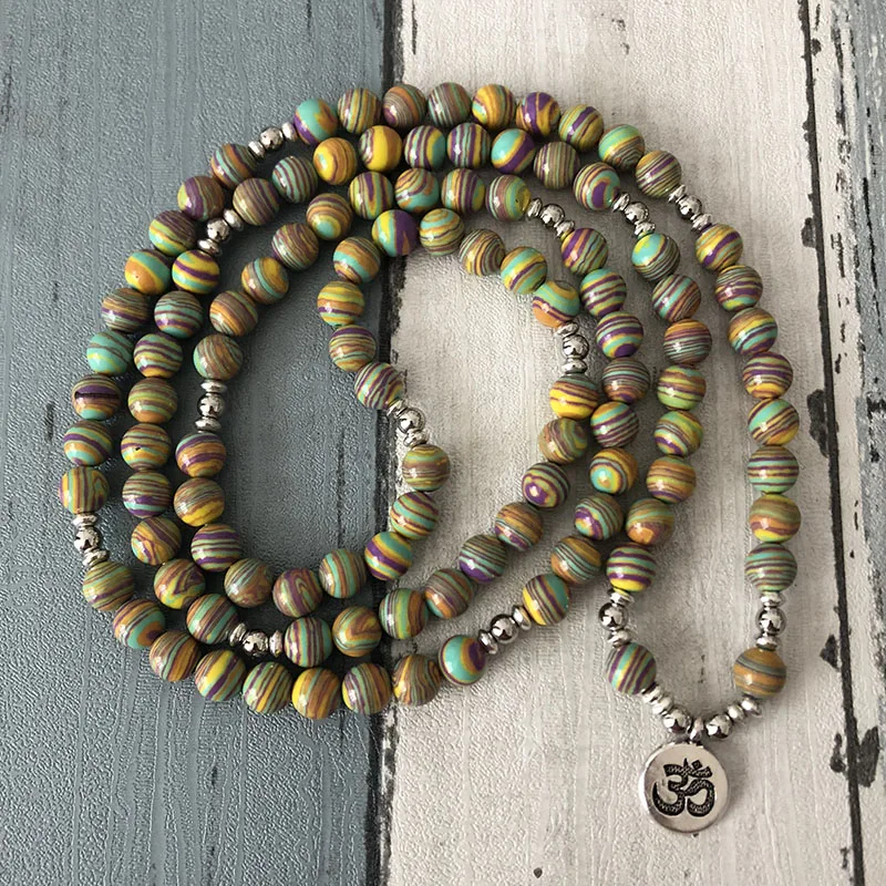 

Popular Solar System Stripe Stone Wrap Around Yoga Bracelet Men 108 Beads Mala Yellow Malachite OM Bracelet