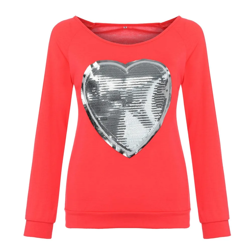 Женская футболка с длинным рукавом блестками и принтом в виде сердца 20019 | одежда