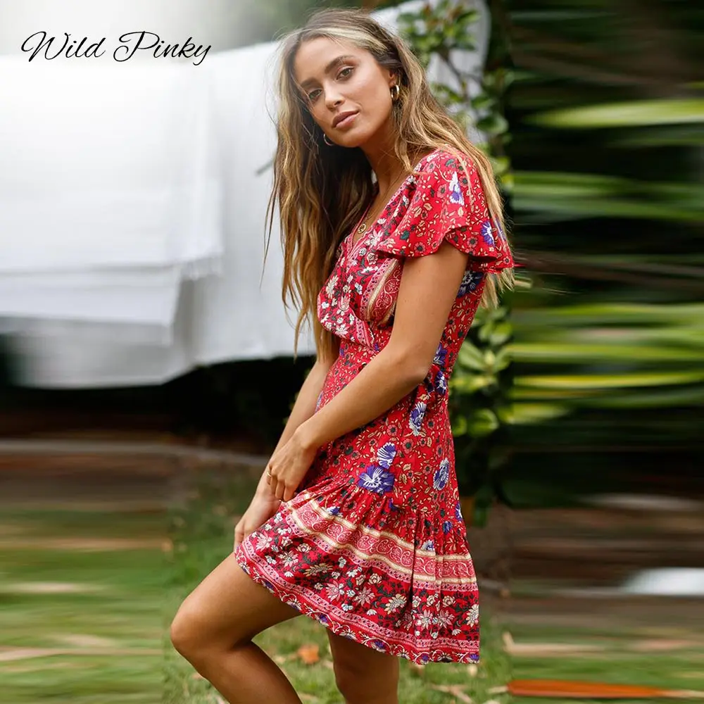 WildPinky богемный Цветочные Мини Для женщин летнее платье Festa V шеи рюшами Бандажное платье Женский элегантный праздник Пляжное платье