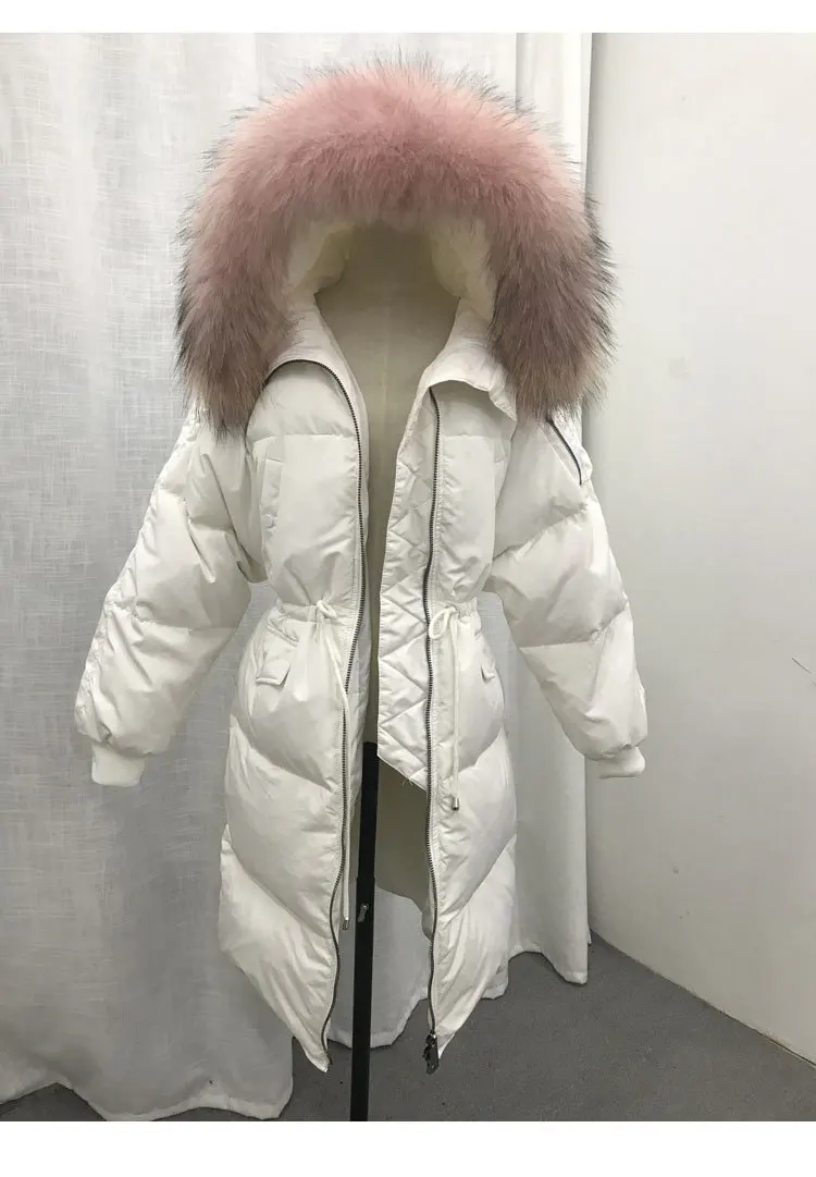 White Pink Зимняя женская куртка с воротником из натурального меха енота, Толстая теплая парка с капюшоном, пуховик на утином пуху, женская верхняя одежда YRF03 - Цвет: White Pink