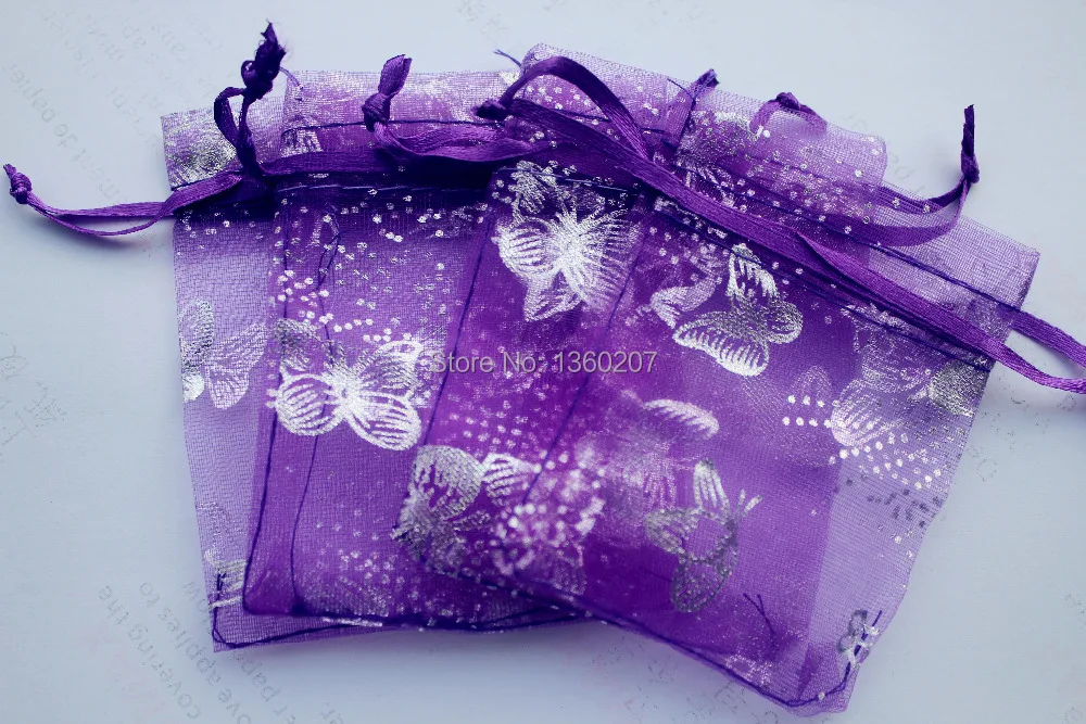 100 шт./лот фиолетовые Серебристые сумки из органзы с бабочками 7x9 см свадебные