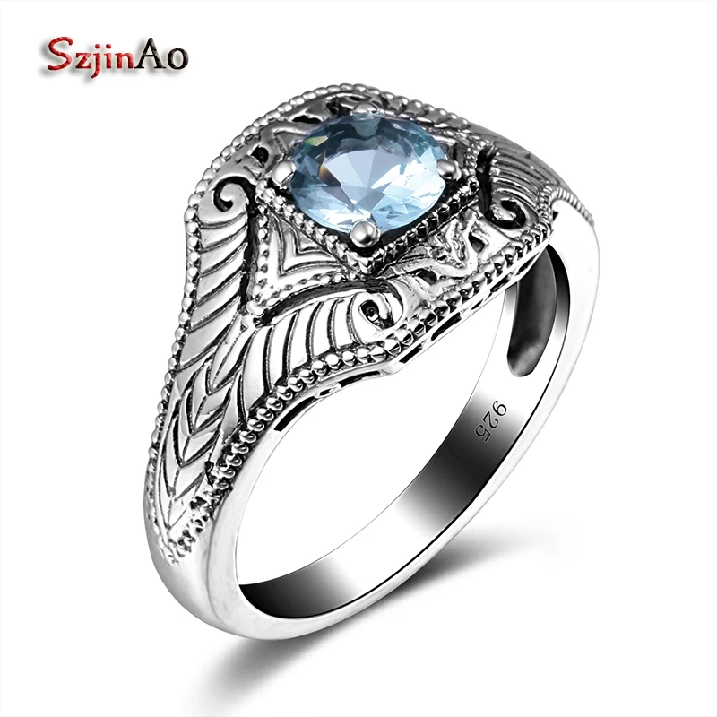 Szjinao Brand Ring Genuine 925 Sterling Silver Small Blue Aquamarine Punk Style Vintage Luxury Ring For Women Men New