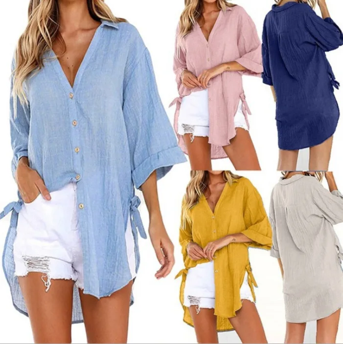 Большие размеры шифоновая блузка женская с v-образным вырезом Бандаж на