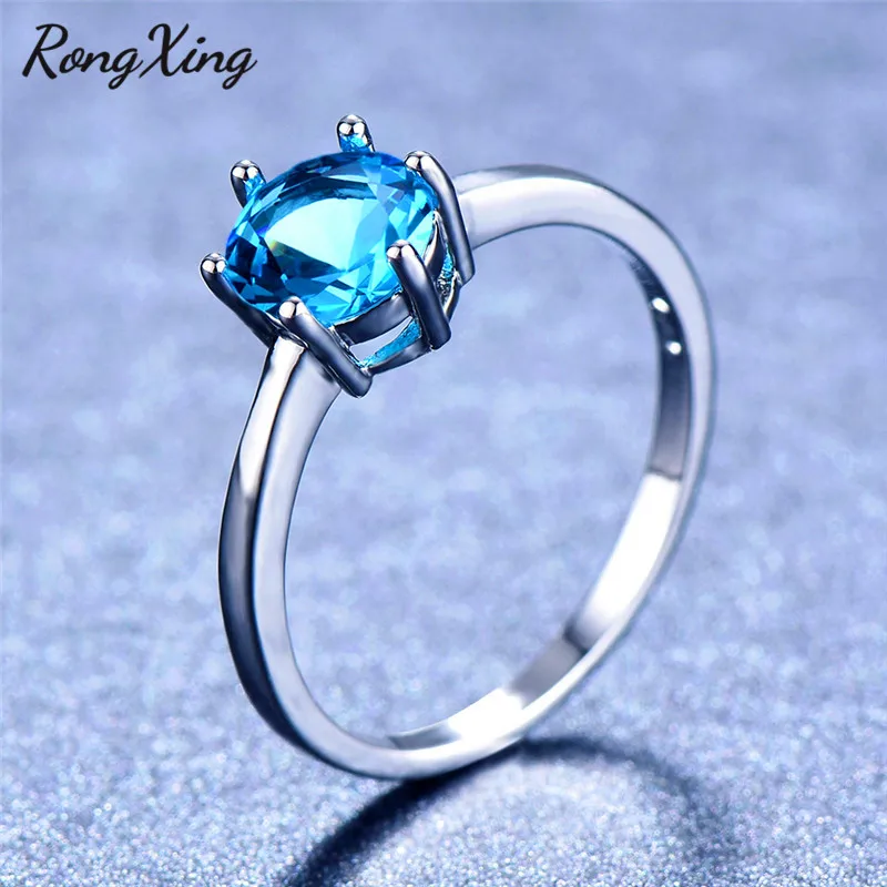 RongXing, шесть когтей, круглый камень по месяцу рождения, обручальные кольца для женщин, 925 пробы, заполненный серебром, розовый/зеленый/кольцо с голубым цирконом, простой подарок