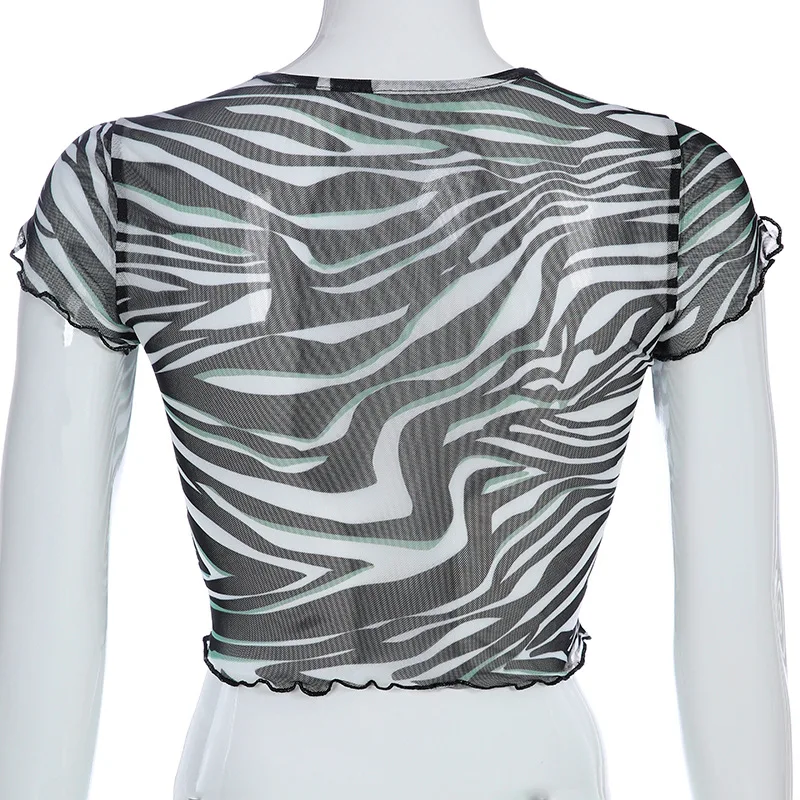 Сексуальная прозрачная печатная укороченная женская футболка Топ Зебра