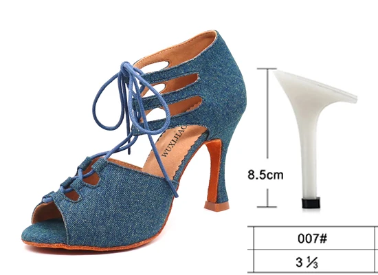 heel 8.5cm WUXIJIAO/Новинка; Танцевальная обувь для девочек; Джинсовая ткань; обувь на шнуровке; обувь для латинских танцев; женские туфли для самбы; вечерние туфли для бальных танцев на мягкой подошве; 5-10 см - Цвет: heel 8.5cm