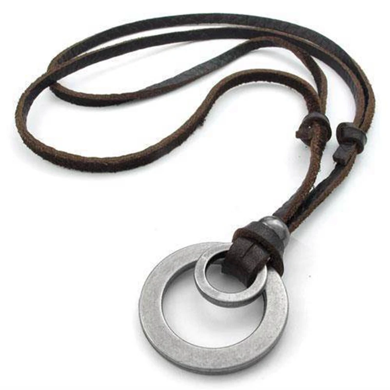 

Vintage Retro 1Pc Leather Cord Necklaces Double Circle Pendants Necklace For Women Men Fashion Jewelry Gifts цепочка