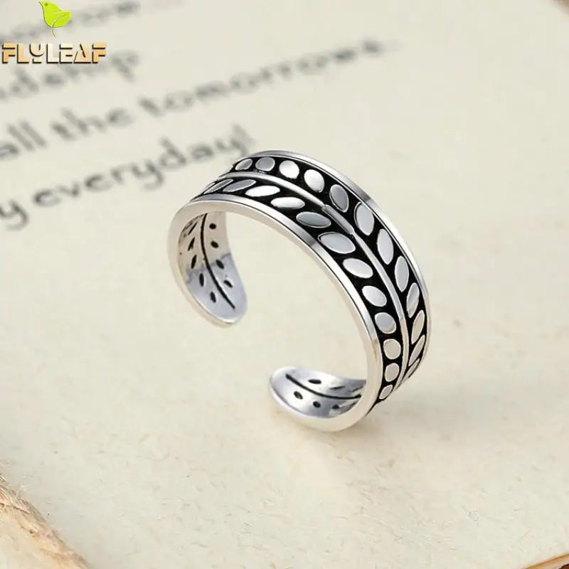 

Flyleaf 925 Sterling Silver Black Drop Glaze Leaves Open Rings For Women Trend Lady Fashion Jewelry