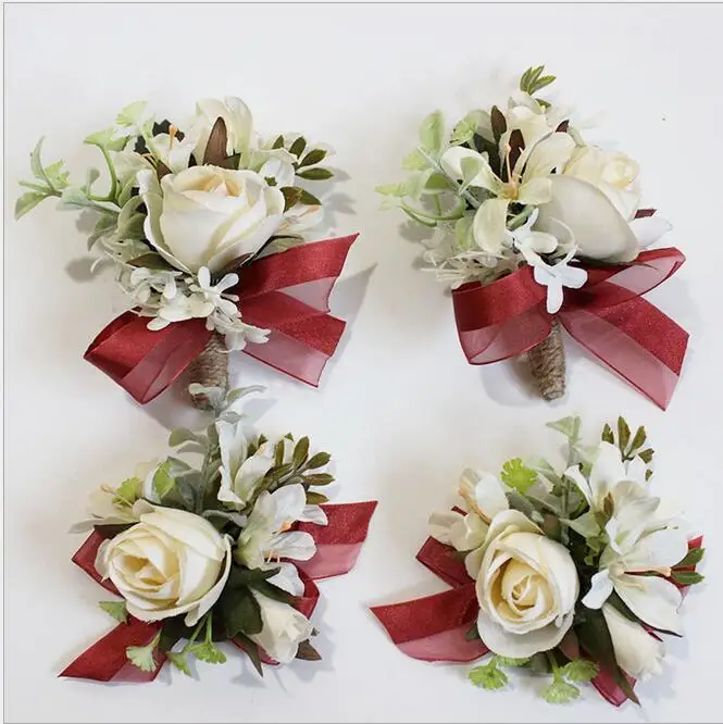 

6Pcs/Lot New Creative Red White Rose Corsage&Wrist Flowers Groomsman Article Flowers Wedding Party Christmas Decorative Flowers