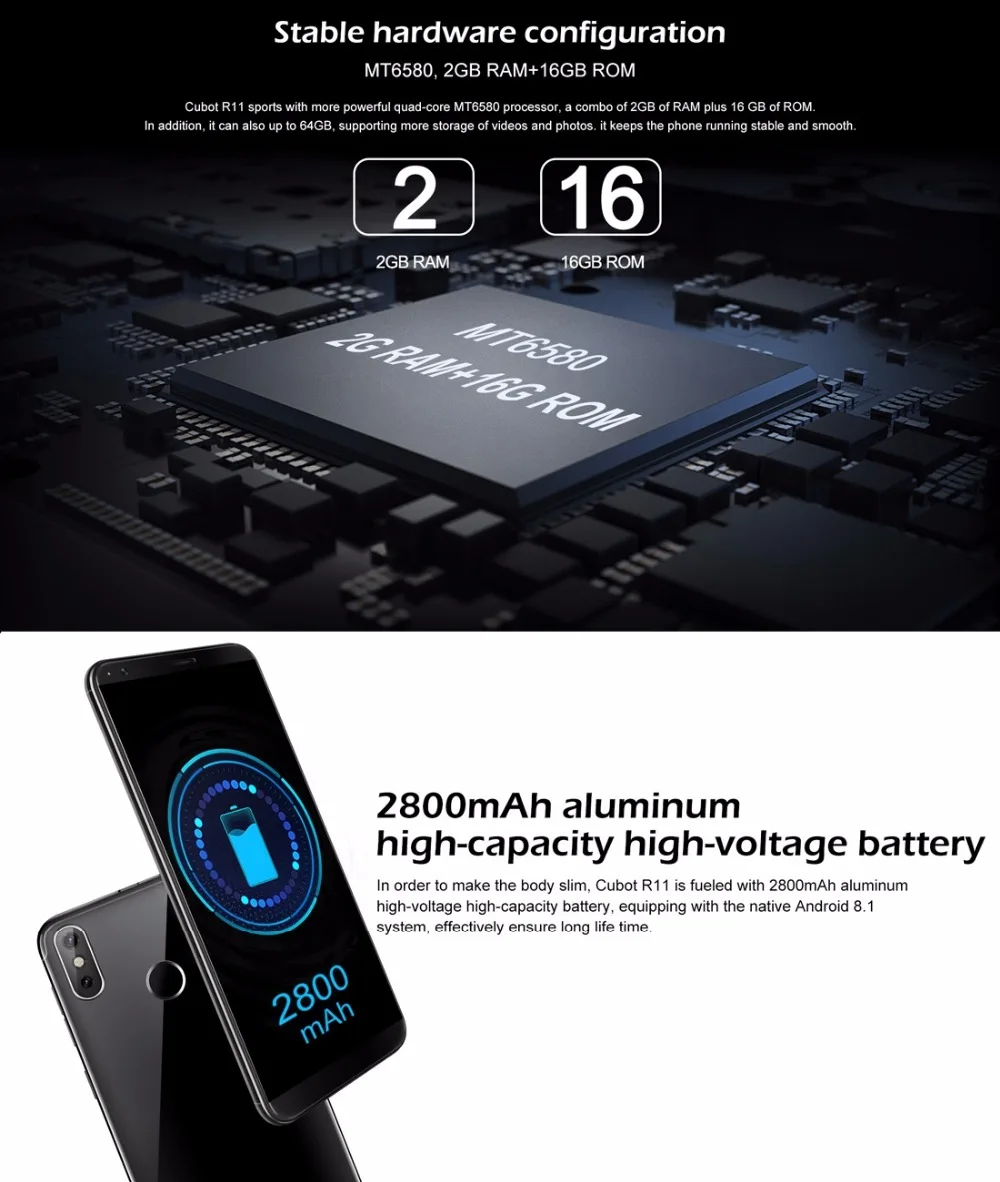 CUBOT R11 Смартфон Android OS 8 1 5 &quot1440x720 HD + Экран MTK6580 4 ядра 2 ГБ 16 Встроенная память 3g 13.0MP