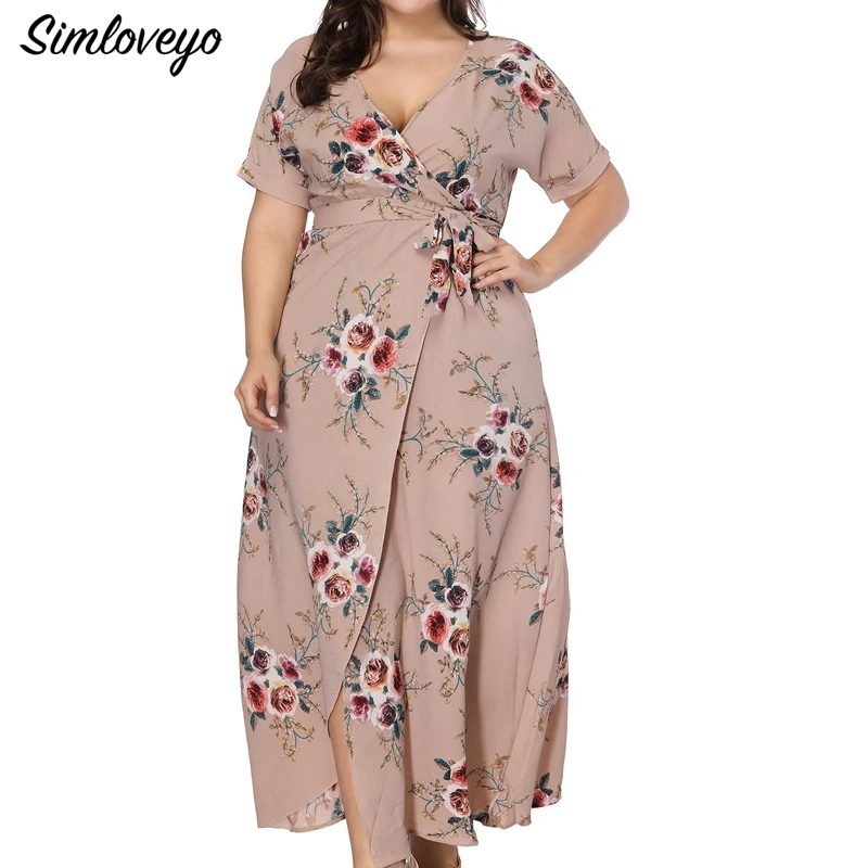 

SIMLOVEYO 2019 Solid Patty Half Sleeve Big code New Spring Casual Assymmetrical Ankle Length Empire Sexy V Neck Summer Dress