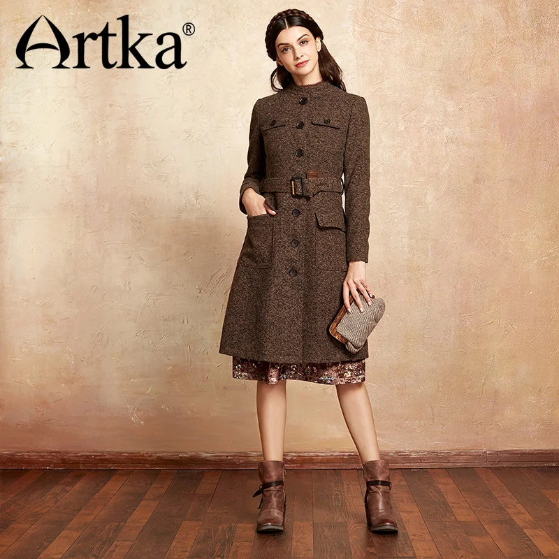 Женское шерстяное пальто ARTKA элегантное ТРАПЕЦИЕВИДНОЕ с поясом длинная куртка