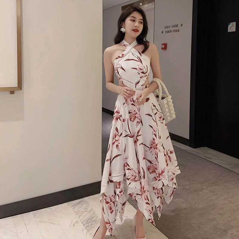 Новые летние каникулы печати Макси асимметричные платья Холтер без рукавов