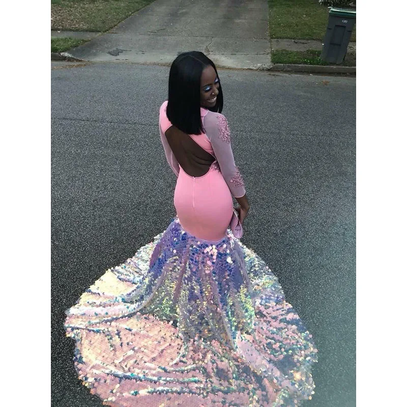 Sexy Long Mermaid Prom Dresses New Black Girl Open Back Three Quarter See Though Sequined Formal Evening Dress Party Gowns | Свадьбы и