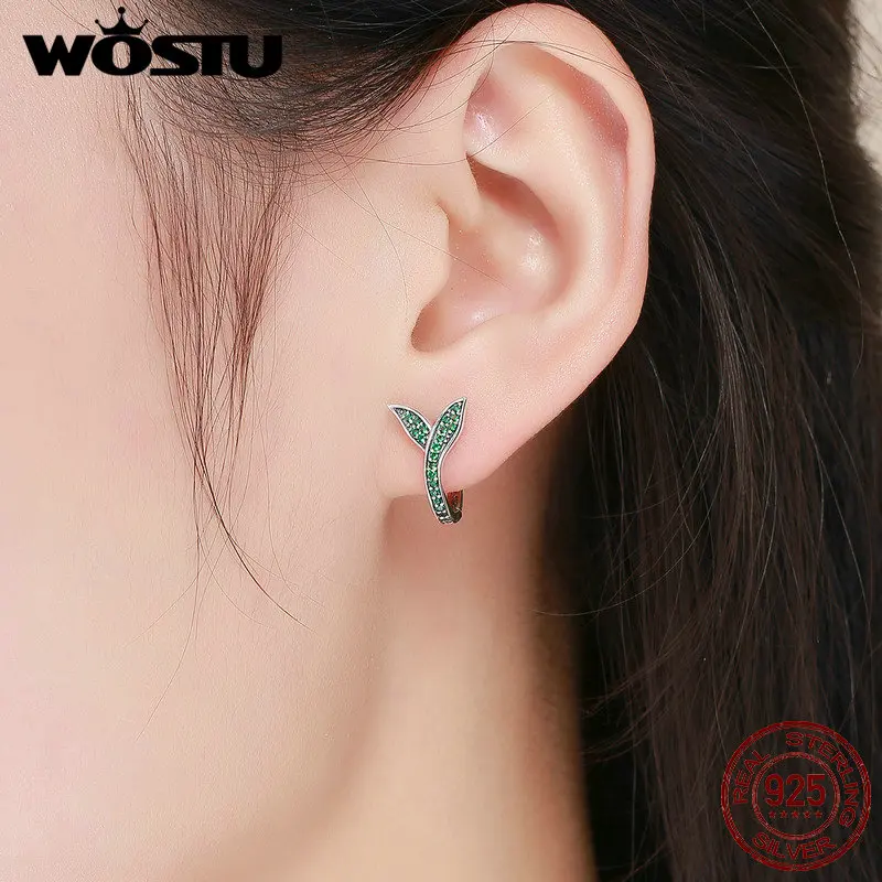 Женские серьги-гвоздики WOSTU из стерлингового серебра 925 пробы с зелеными листьями