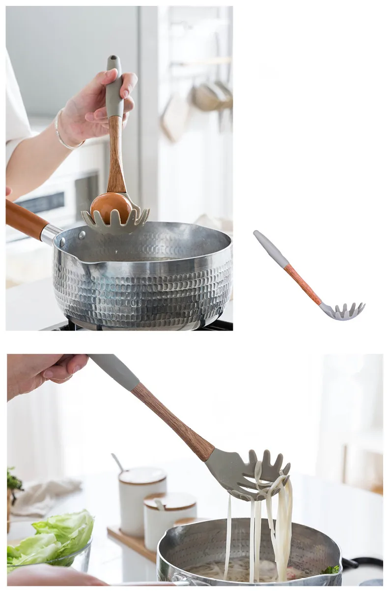 Термостойкие силиконовые кулинарные инструменты с деревянной ручкой антипригарные кустарники ложки лапши ложки Креативные кухонные наборы посуды