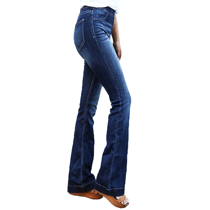 MIND FEET Women Flare Jeans Elastic Waist Blue Wide Leg Denim Pants Plus Size Female Fashion Trend Casual Loose Trousers Spring