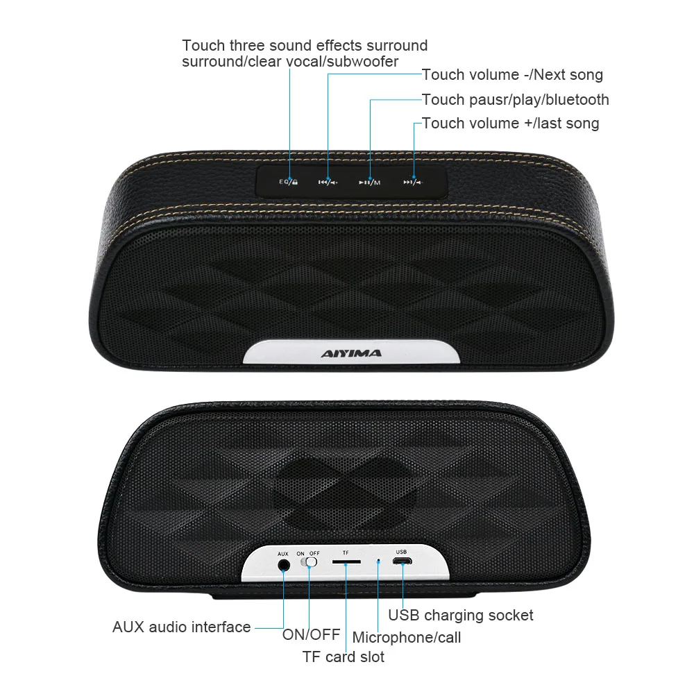 AIYIMA Bluetooth 4 2 портативный аудио стерео кожаный динамик 2x6 Вт полный спектр колонки