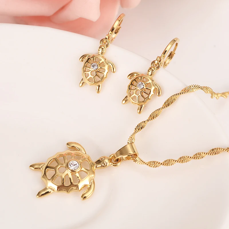 

african gold pendant Necklace Earring Set Women Party Gift animal PNG white crystal cz tortoise charms girls Fine Jewelry gift