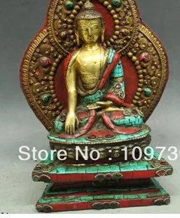 00671 13&quotTibet Buddhism Fane Bronze 24K Gold turquoise coral sakyamuni Buddha Statue | Дом и сад
