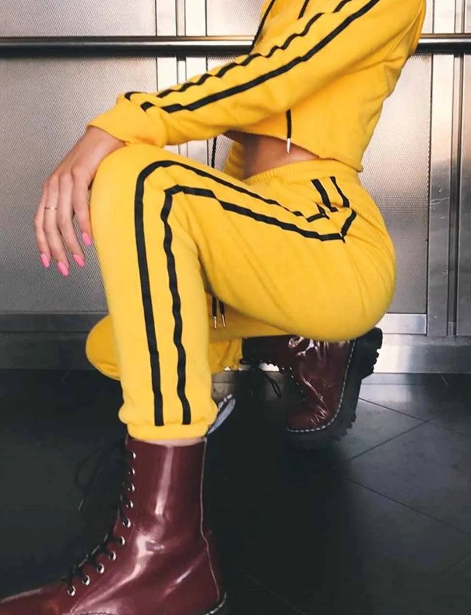 Jo Kalin 2018 New Fashion 2 Piece Clothing Set Women Yellow Crop Top And Pants Suit ladies Sexy Leisure Two Tracksuit | Женская одежда