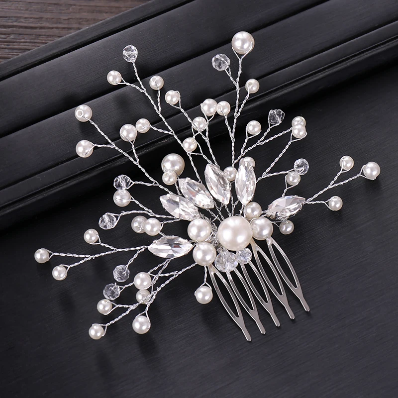 Hot Silver Color Gold Hair Ornaments Pearl Crystal Tiara Wedding Combs Handmade Bridal Fashion Accessories For Women | Украшения и