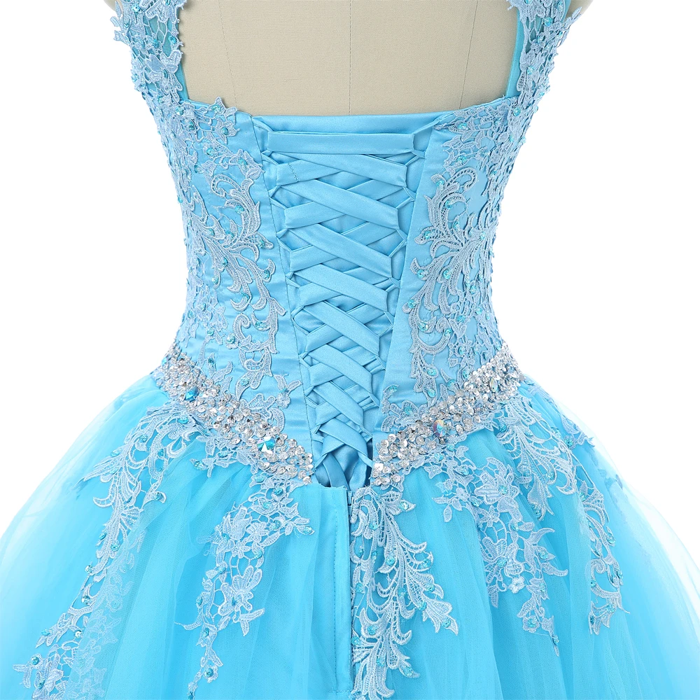 Sky Blue Quinceanera Dresses Ball Gown Cap Sleeves Tulle Appliques Lace Beaded Crystals Cheap Sweet 16 | Свадьбы и торжества