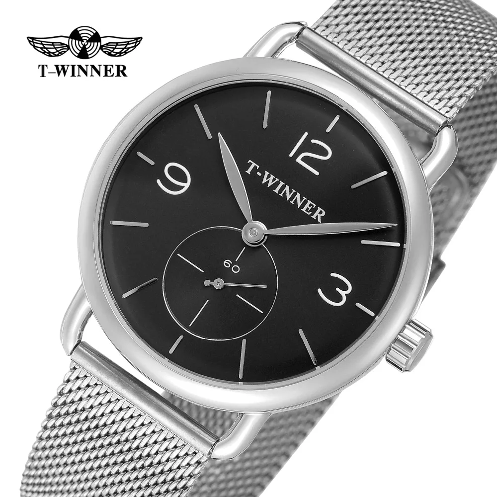 

T-Winner Mechanical Hand-wind Stylish Casual Mesh Bracelet Transparent Crystal Original Brand Analogue Dial Watches WRG8166M4