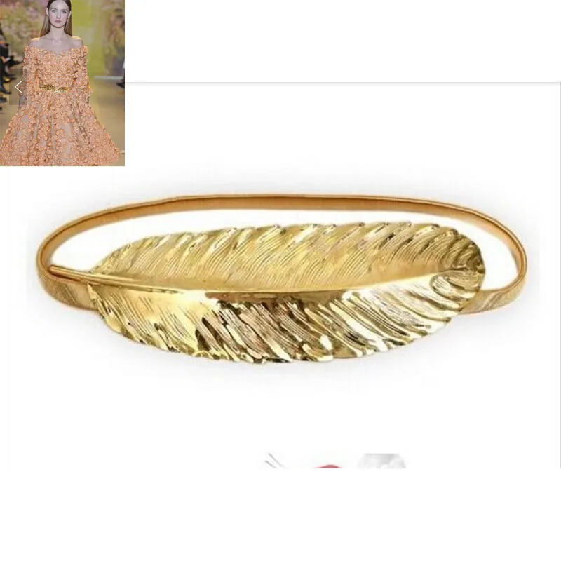 Novelty Fashion Luxury Gold Metal Belt Silver Leaves Waist Belt Cummerbund Straps Leaf Buckle Elastic Belt