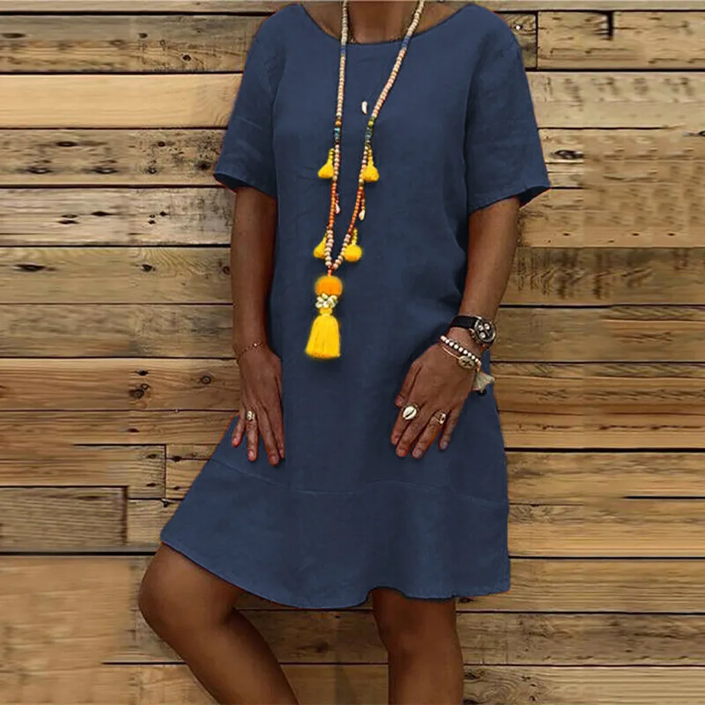 Летнее женское Повседневное платье свободное однотонное мини-платье с коротким
