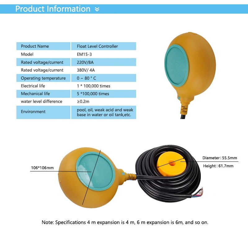 ELECALL EM15-3 6 м 10 м контроллер уровня воды Поплавковый переключатель переключатели жидкости уровня воды жидкости Поплавковый переключатель контроллер
