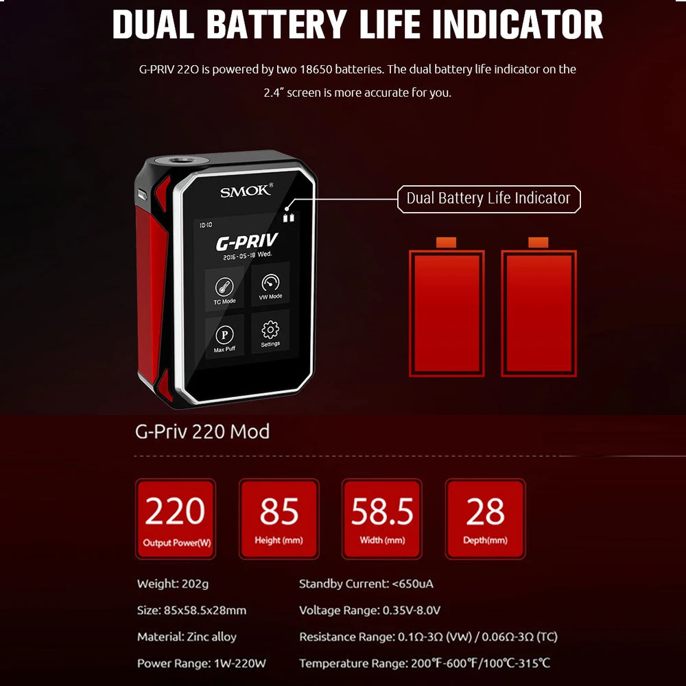 Оригинальная электронная сигарета SMOK G-PRIV Mod Vape Box 220 Вт с атомайзером TFV8 Baby Beast 3 мл