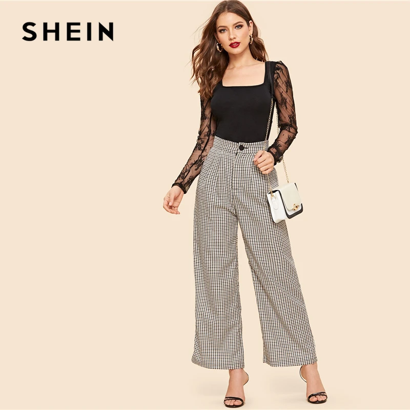 SHEIN Однотонный Топ С Прозрачными Рукавами, Блуза С Кружевными Рукавами