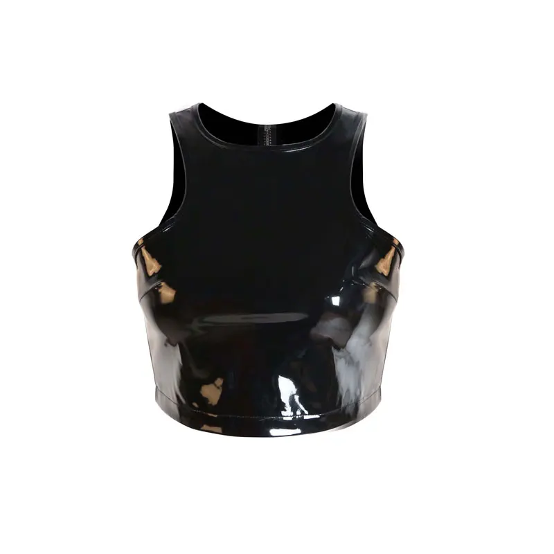 Эротические мини майки из ПВХ женский сексуальный черный топ на молнии кожи и