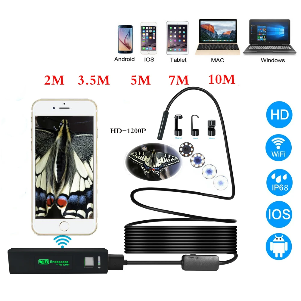 8mm Wifi Endoscope Android/IOS/PC Borescope Waterproof Lens 8 LED Lights Endoscopic HD Camera Soft Tube | Инструменты