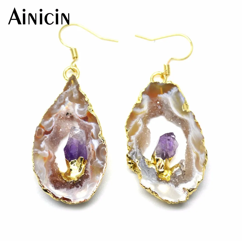 1 пара Рок Кристалл инкрустация Drusy Geode камень цвета золота крюк серьги для модных женщин ювелирные изделия Лучший подарок на день рождения