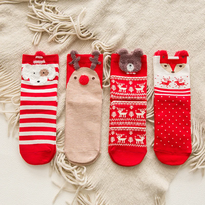 4 Pairs Cute Women Lovely Christmas Socks Cartoon Style Fashion Cotton Printing Floor Gift for Family | Дом и сад