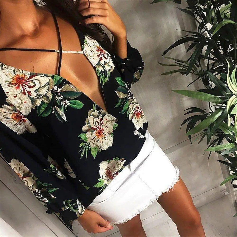 Для женщин Sexy шифон рубашки глубоким v-образным вырезом Лето Boho топы одежда с