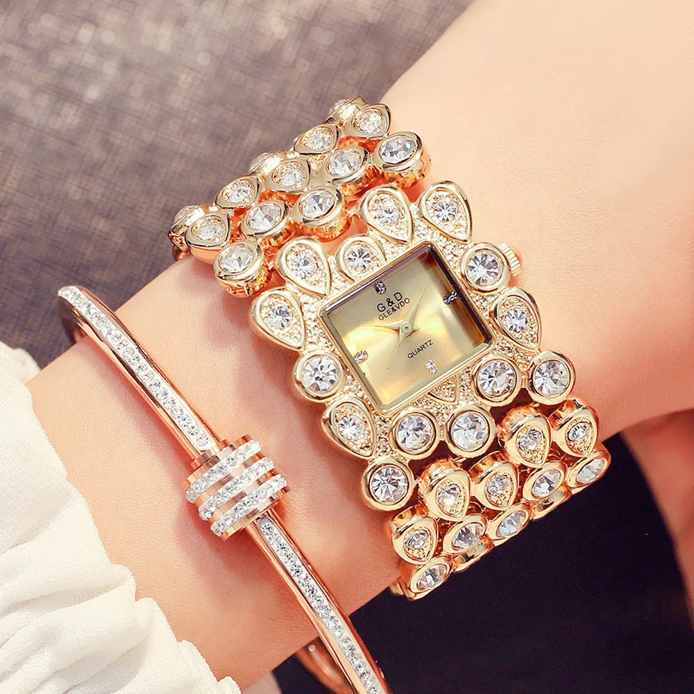 G&ampD Luxury Brand Gold Women's Watches Bracelet Ladies Quartz Wristwatch Crystal Strap relogio feminino Clock Rectangel | Наручные