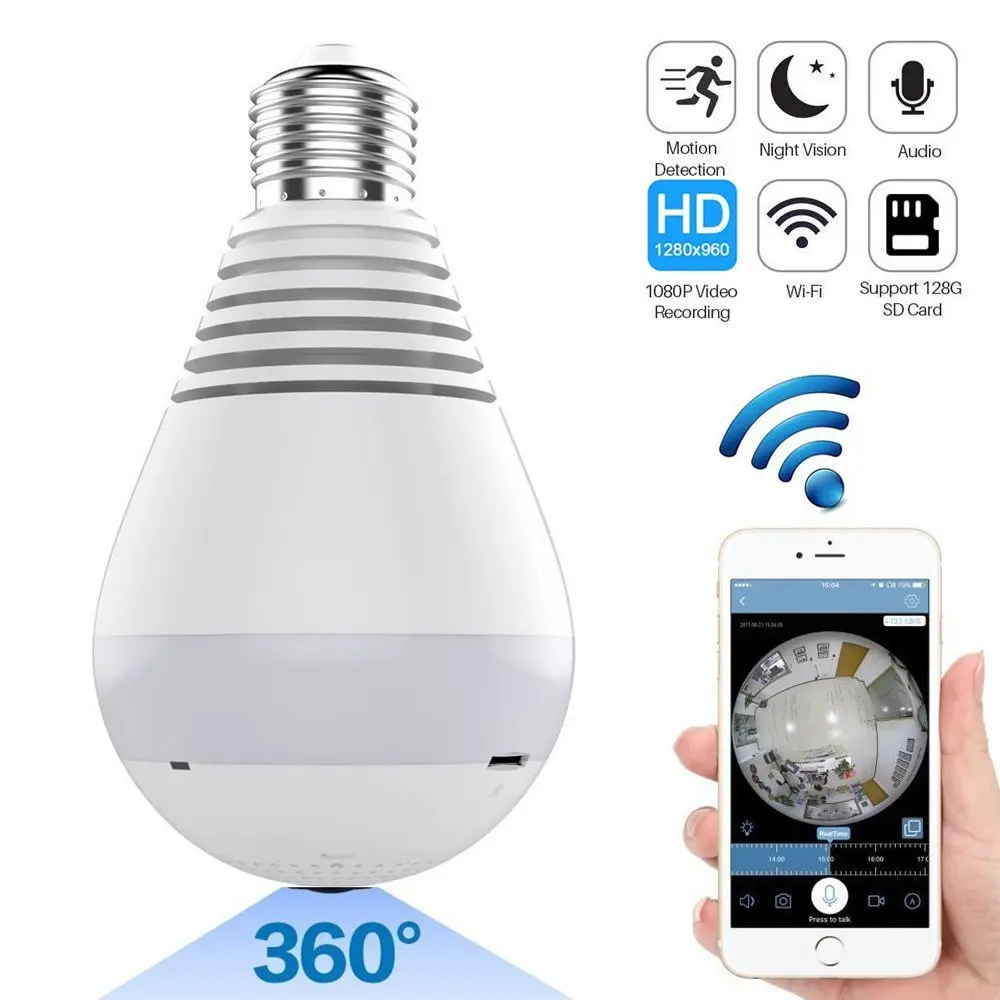 

1080P WiFi IP Camera Bulb Wireless HD Home Security Camera Panoramic Bulb LED Light 360 Degree Fisheye With Two-Way Audio Night