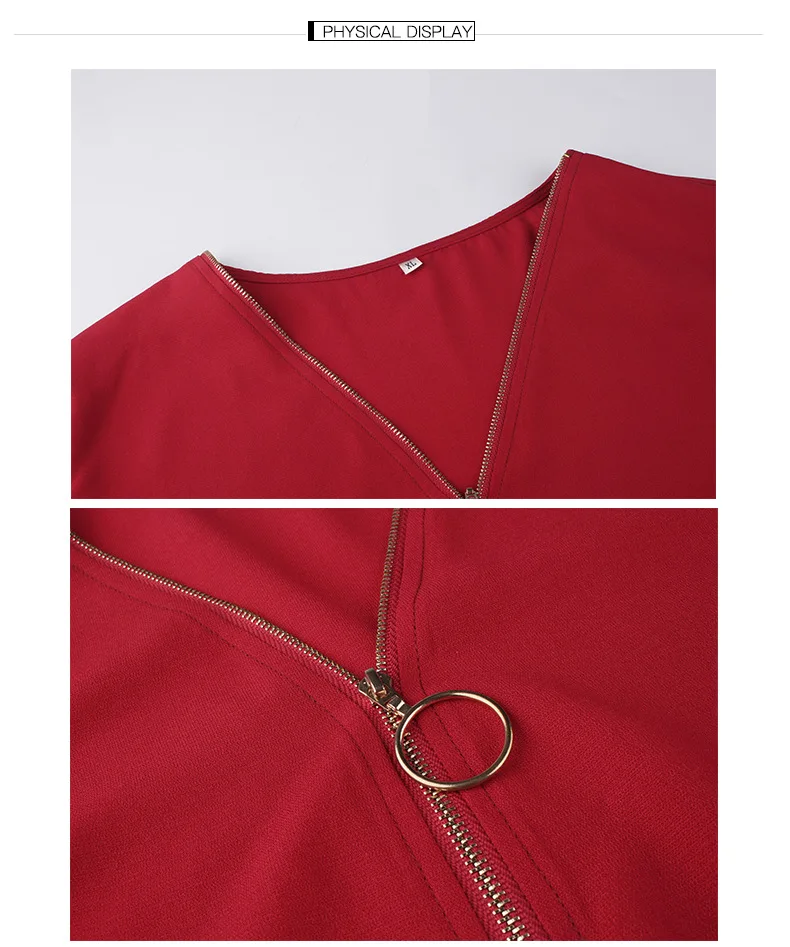 

Casual Short Sleeve Shirts Plus Size Summer Tops Large Size Women Pure Color Red Zipper V Neck Loose Blouse Daily Leisure Tops