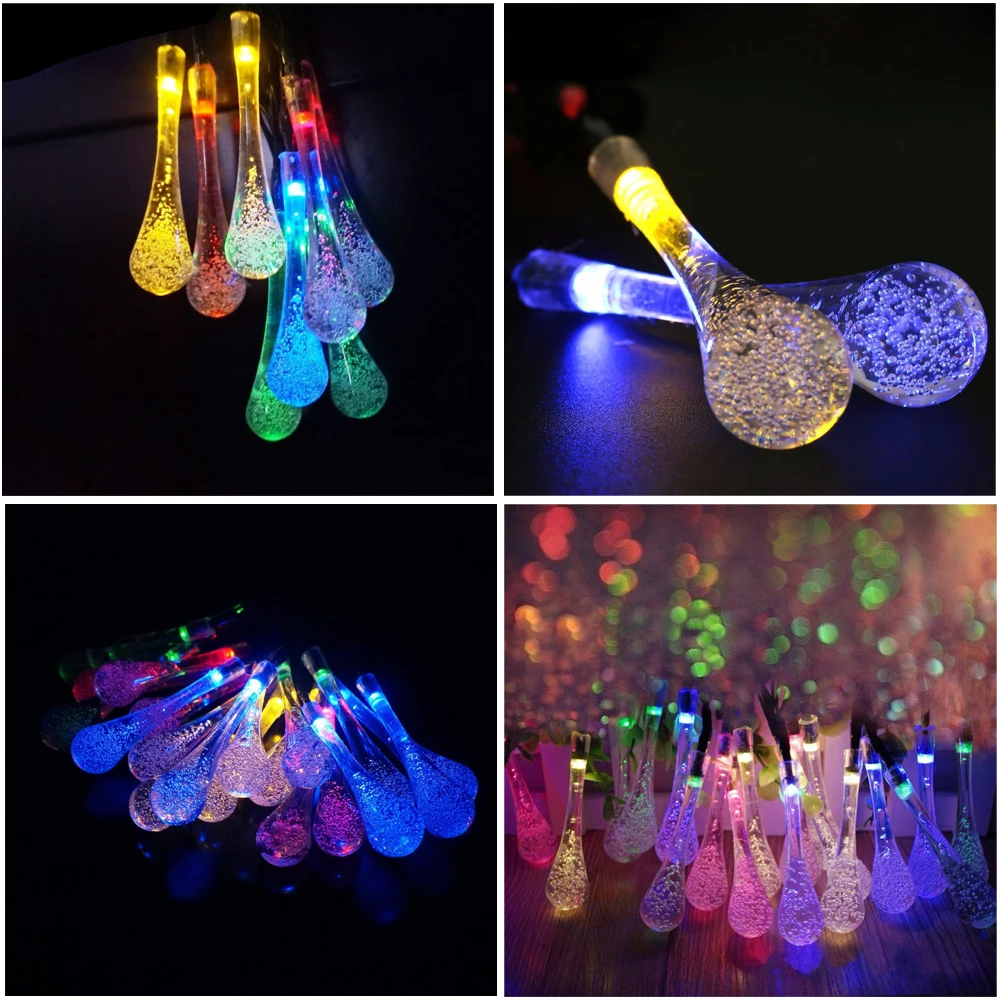 Indoor 5m Solar Powered Water Drop String Lights LED Fairy Light 20LED for Wedding Christmas Party Festival Outdoor Decoration