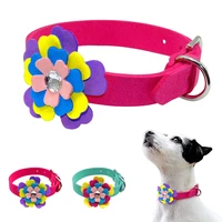 flower dog collar suede leather floral crystal puppy kitten collars adjustable for small medium dog pet pink blue