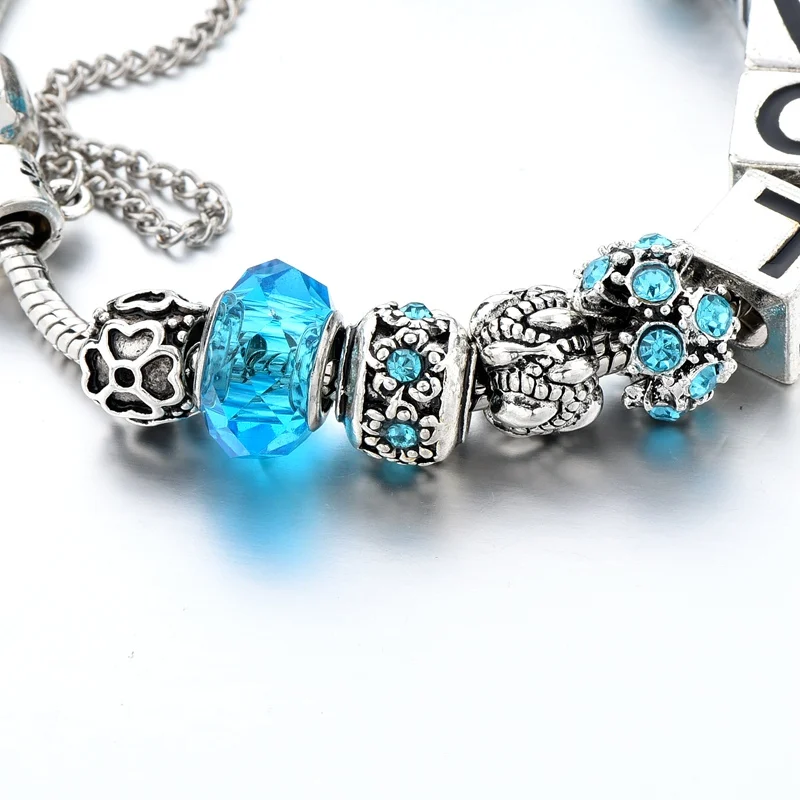 Модные синие очаровательные браслеты для женщин серебряные с кристаллами и