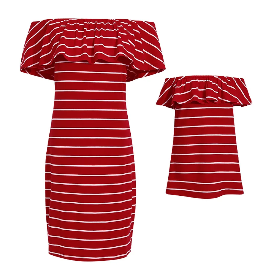 Striped Mother Baby Dress Family Matching and Daughter Clothes Tassel Off Shoulder for Mom Tee | Мать и ребенок