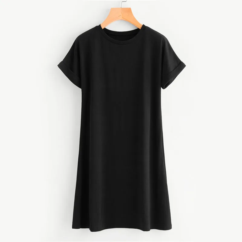 Dotfashion, свернутый рукав, тройник, короткое платье,, черная туника с круглым вырезом, базовое платье, женское летнее платье с коротким рукавом