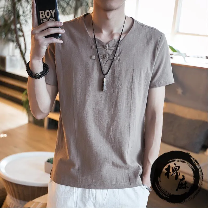 Мужская рубашка из хлопка и льна с коротким рукавом в китайском стиле|shirt classic|kung fu