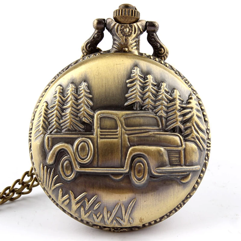 

Antique Pocket Watch Bronze Car Truck Pendant Quartz Clock With Necklace Fob Chain Men Women Lady Boy Unisex Engraved Gift Reloj