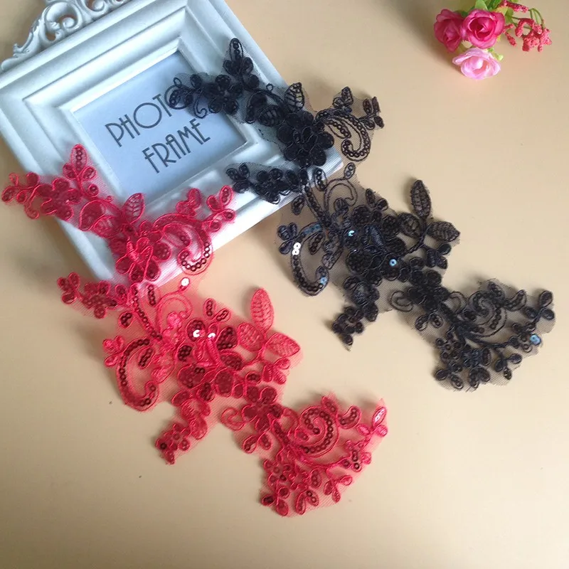 4 шт. красный черный белый цветок вышивка Кружевная аппликация блестки ткань