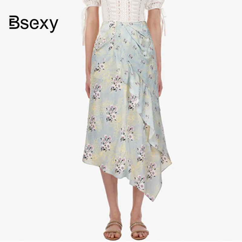 Faux Silk Skirt Women 2019 Self Portrait Flower Print Ruffle Irregular High Waist Kawaii Chiffon Long Midi spodnica | Женская одежда